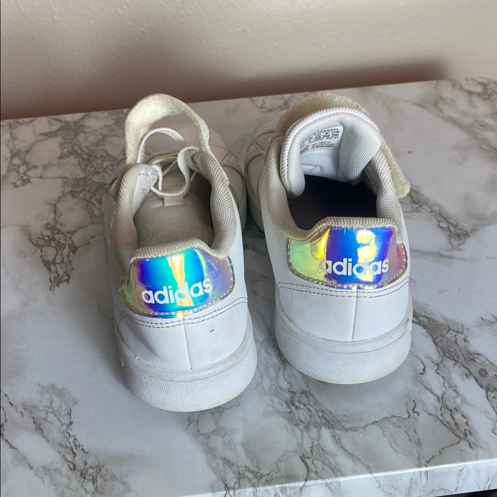 Adidas Originals Superstar Kids White Sneakers with Iridescent Blue Stripes - Picture 3 of 10
